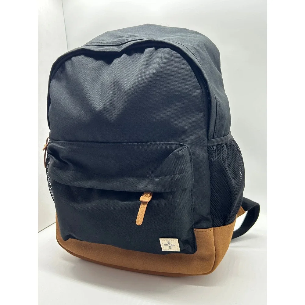 Sun + Stone Canvas Backpack Black Brown Faux Suede Bottom School Bag NEW